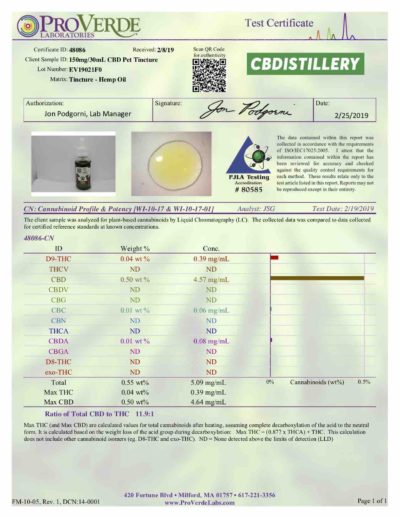 CBDistillery CBD Pet Tincture 150 mg 5 mg per Serving COA Lab Test Results